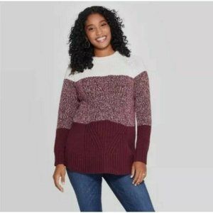 Isabel Maternity Stripe Cable Colorblock Pullover Sweater White Maroon